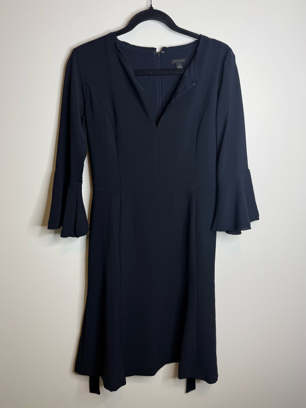 Ann Taylor Black Long-Sleeve Fit-and-Flare Dress with Fluted Sleeves navy blue 4